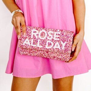 Rose All Day Beaded Pink Seed Beaded Crossbody Chain Bag Clutch Handbag NEW